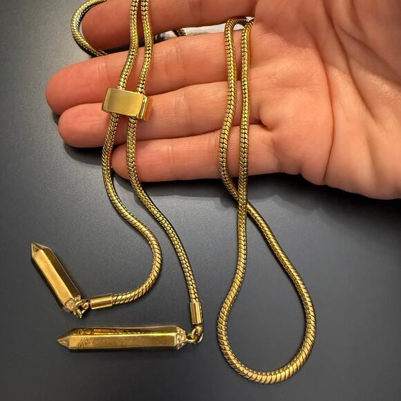 Gold Tone Snake Chain Lariat Necklace w/ Obelisk Pendants - Picture 5 of 8